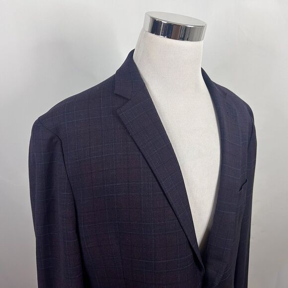 Kenneth Cole 48R Slim Fit Sport Coat Wool Blend Dark Red Plaid Two Button Vented - Picture 1 of 8